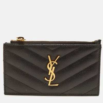 Pre-owned Saint Laurent Cassandre Black Matelassé Leather Zip Card Holder