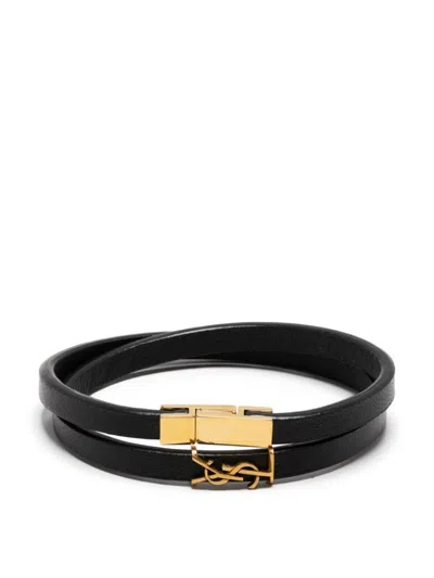 Saint Laurent Double-wrap Leather Bracelet In Black