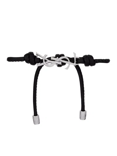 Saint Laurent Cassandre Bracelet With Leather Cord In Black
