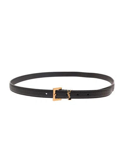 Saint Laurent Cassandre Buckle Calf Leather Belt In Black