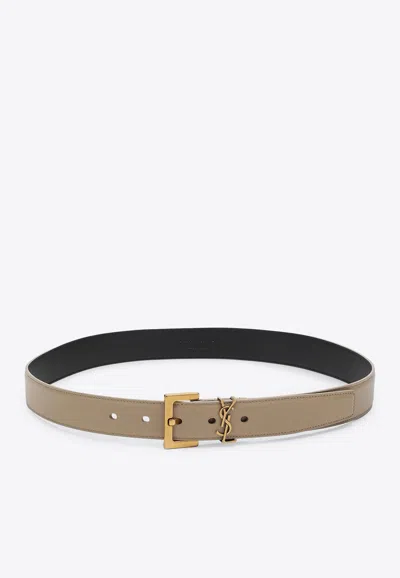 Saint Laurent Cassandre Buckle Leather Belt In Beige