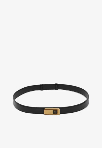 Saint Laurent Cassandre Buckle Leather Belt In Black