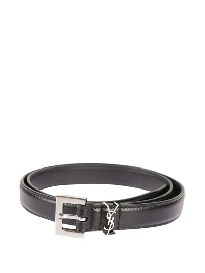 Saint Laurent Cassandre Buckle Logo Leather Belt In Black