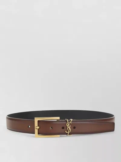 Saint Laurent Cassandre Calf Leather Belt Squared Buckle In Brown