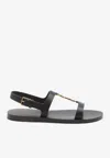 Saint Laurent Black Sandals With Metal Cassandre On The Front And Adjustable Strap In Leather Woman In Black