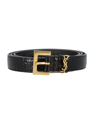 Saint Laurent Cassandre Calfskin Leather Thin Belt In Nero