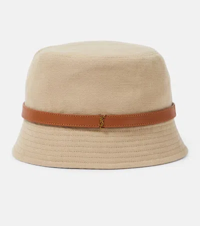 Saint Laurent Canvas Bucket Hat With A Ysl Leather Band In Beige & Light Brown