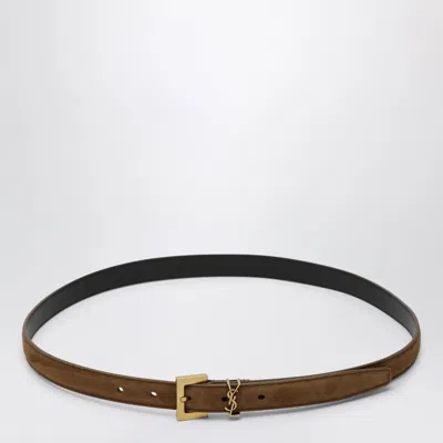 Saint Laurent Cassandre Caramel Suede Belt In Brown