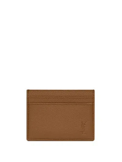 Saint Laurent Debossed-logo Leather Cardholder In Brown