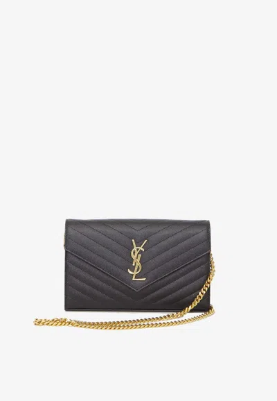 Saint Laurent Cassandre Chain Wallet In Quilted Leather In Black