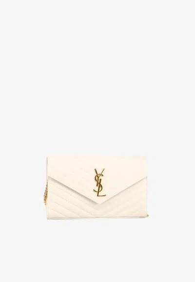 Saint Laurent Cassandre Chain Wallet In Quilted Leather In Ivory