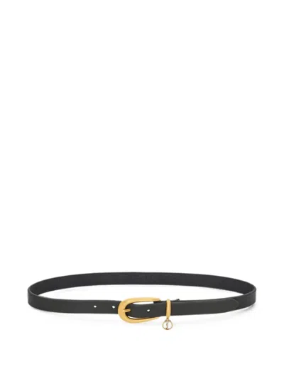 Saint Laurent Cassandre Charm Elongated Buckle Thin Belt In Leather In Black