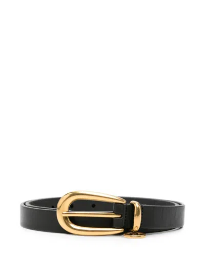 Saint Laurent Cassandre Charm Elongated Buckle Thin Belt In Leather In Black