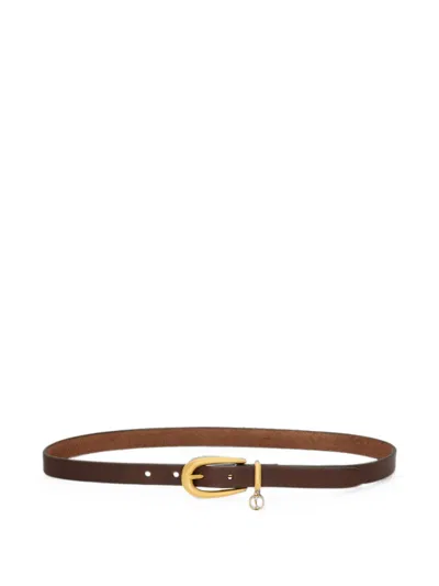 Saint Laurent Cassandre Charm Elongated Buckle Thin Belt In Leather In Brown