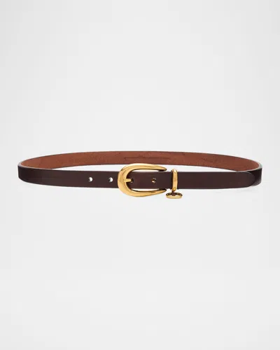 Saint Laurent Cassandre Charm Thin Leather Belt In Dark Burnt
