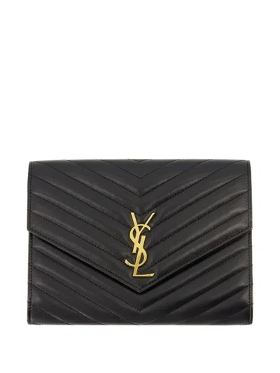 Saint Laurent Cassandre Chevron Leather Clutch Bag In Black