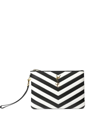 Pre-owned Saint Laurent Cassandre Chevron-print Pouch In Black