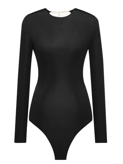Saint Laurent Cassandre Clasp Crewneck Bodysuit With Snap Closure In Black