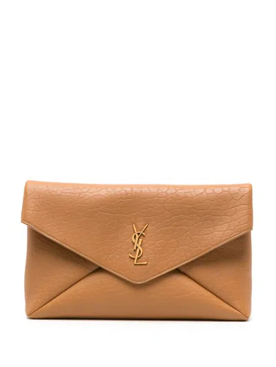 Saint Laurent Cassandre Large Textured-leather Clutch In Brown