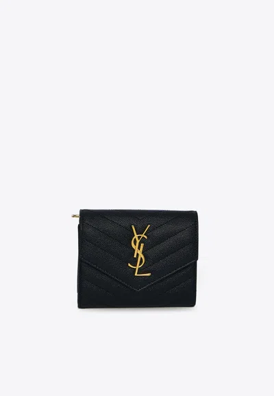 Saint Laurent Cassandre Compact Leather Wallet In Black