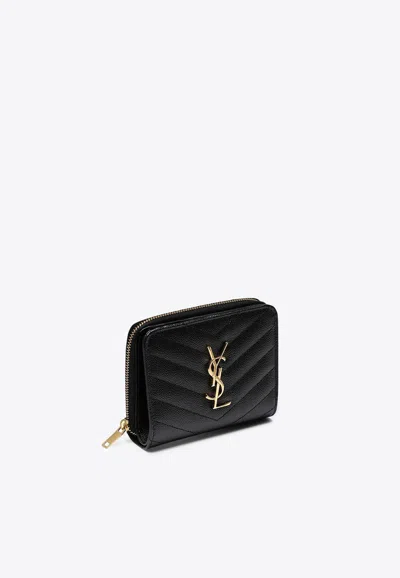 Saint Laurent Cassandre Compact Zip-around Leather Wallet In Black