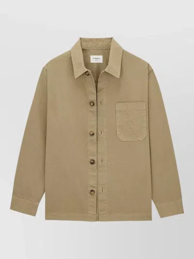 Saint Laurent Cassandre Cotton Overshirt Pointed Collar Cuffs In Brown