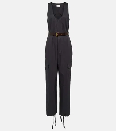 Saint Laurent Cassandre Belted Cotton Jumpsuit In Gris Fonce
