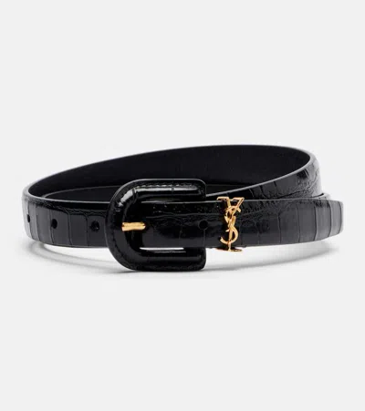 Saint Laurent Cassandre Embellished Croc-effect Leather Belt In Black