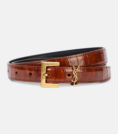 Saint Laurent Cassandre Croc-effect Leather Belt In Brown