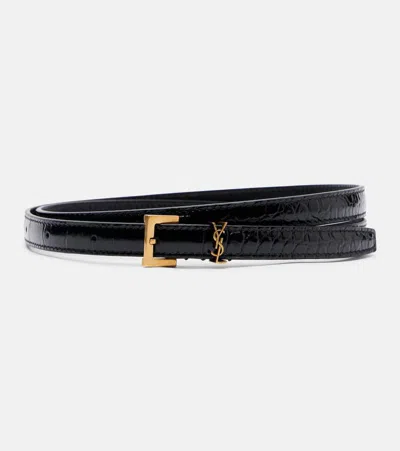Saint Laurent Cassandre Croc-effect Leather Belt In Brown