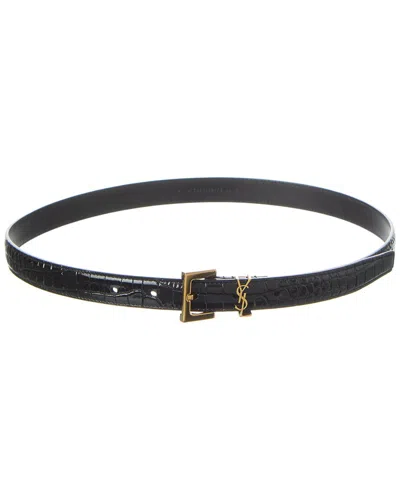 Saint Laurent Black Thin Belt With Square Buckle And Cassandre In Crocodile-embossed Leather Woman