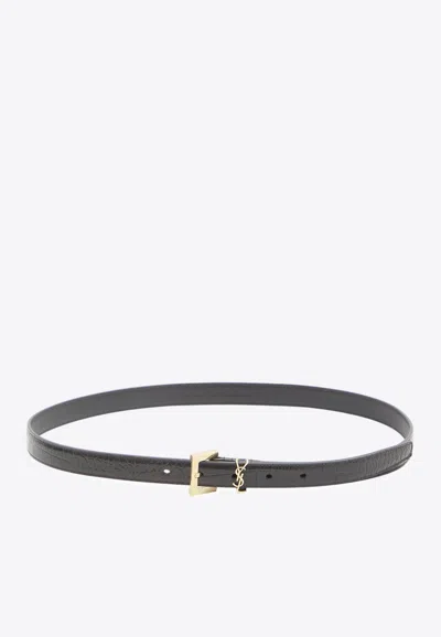 Saint Laurent Cassandre Croc-embossed Leather Belt In Brown