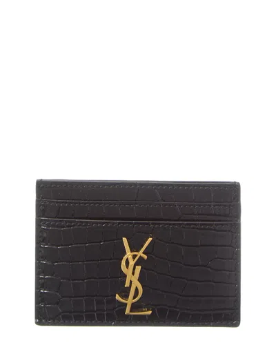 Saint Laurent Cassandre Croc-embossed Leather Card Case In Black