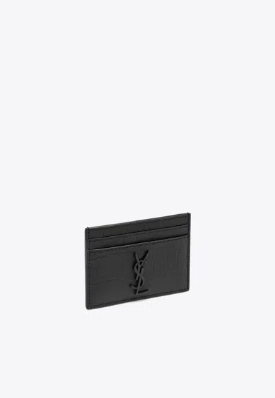 Saint Laurent Cassandre Croc-embossed Leather Cardholder In Black