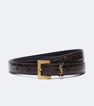 Saint Laurent Cassandre Croc-effect Leather Belt In Braun
