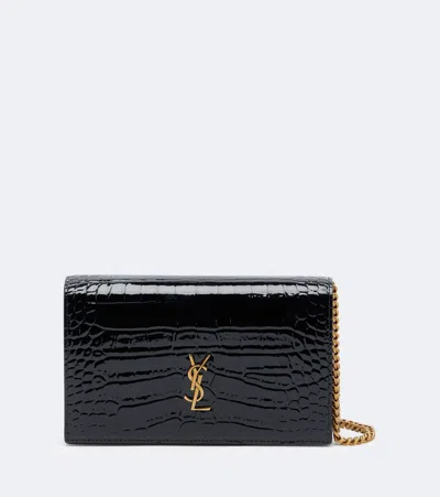 Saint Laurent Cassandre Croc-effect Leather Chain Wallet In Black