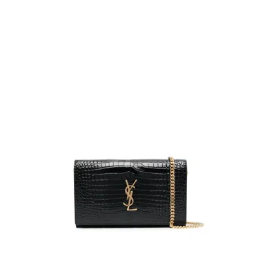 Saint Laurent Cassandre Croco Bag In Black