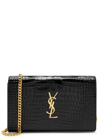 Saint Laurent Cassandre Crocodile-effect Leather Wallet-on-chain In Black