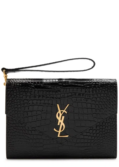 Saint Laurent Cassandre Crocodile-effect Patent Leather Pouch In Black