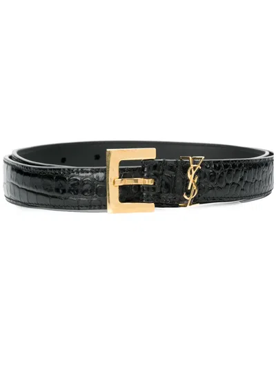 Saint Laurent Cassandre Crocodile-embossed Belt In Black