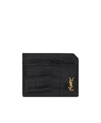 Saint Laurent Cassandre Crocodile-embossed Card Holder In Black