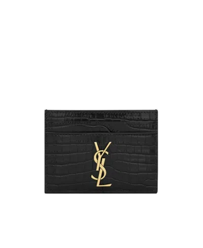 Saint Laurent Cassandre Crocodile-embossed Cardholder In Black