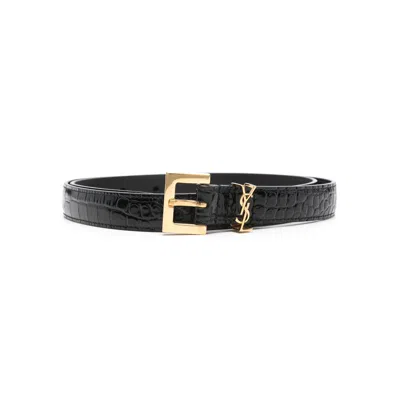 Saint Laurent Cassandre Crocodile-embossed Belt In Neutral