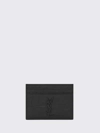 Saint Laurent Cassandre Crocodile-embossed Leather Card Holder In Black