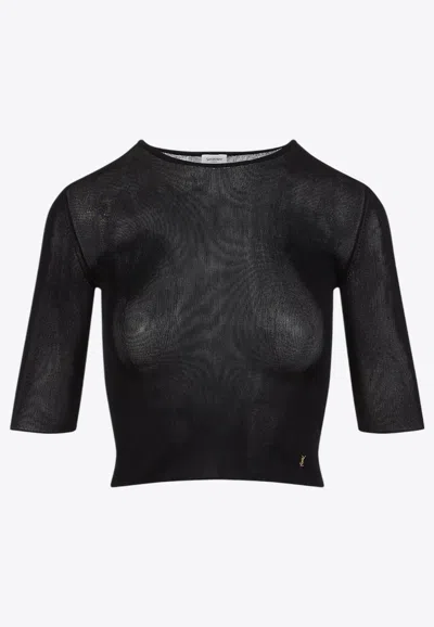 Saint Laurent Cassandre Cropped Knit Top In Black