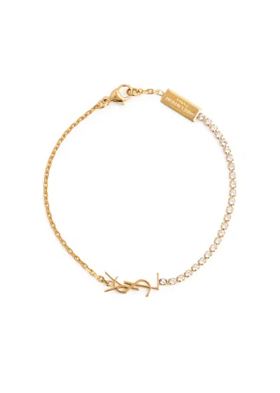 Saint Laurent Cassandre Crystal-embellished Logo Bracelet In Gold