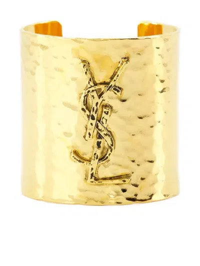 Saint Laurent Cassandre Cuff In Hammered Metal Accessories In Gold