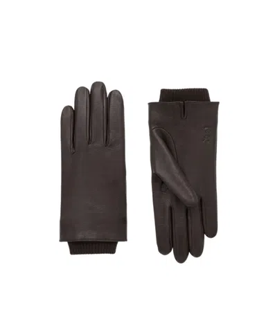 Saint Laurent Cassandre Cuffed Gloves In Leather And Wool In Brown