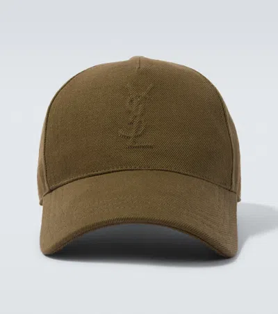 Saint Laurent Cassandre Denim Baseball Cap In Brown