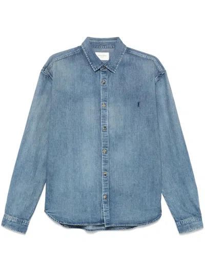 Saint Laurent Relaxed Fit Cassandre Denim Shirt In Trouville Beach Blue